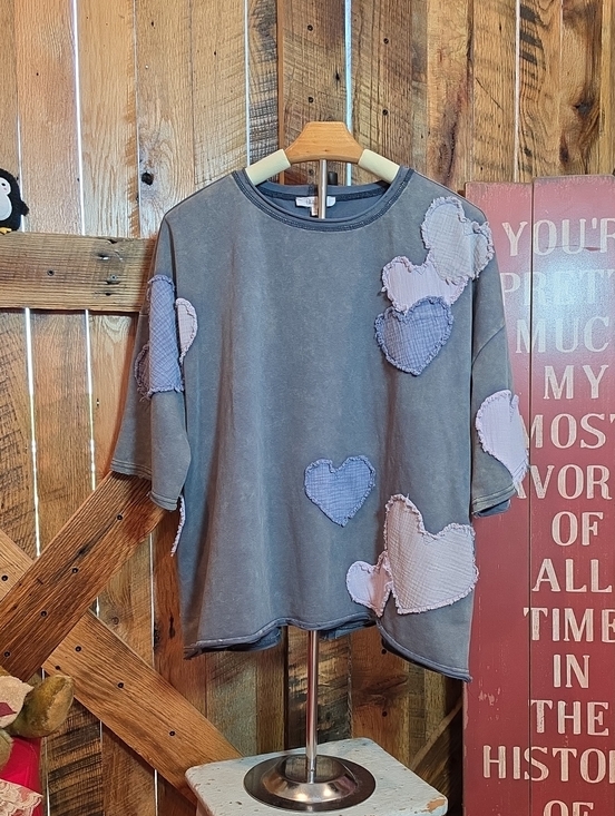 Oli & Hali Tops - 157p Oli & Hali Gray Short-Sleeve Tee with Pink & Lavender Heart Patches